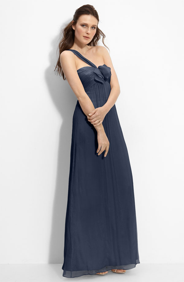 Dark Navy A Line One Shoulder Zipper Floor Length Pleat Chiffon Prom Dresses