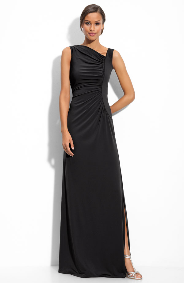 Black A Line Sleeveless Asymmetrical Neckline Floor Length Prom Dresses With High Slit 