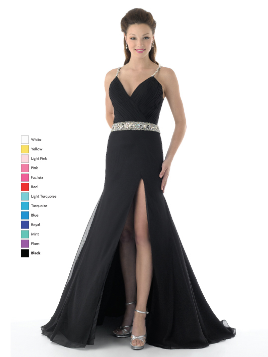 Black A Line Spaghetti Straps V Neck Open Back Side Slit Sweep Train Beading Ruffles Full Length Chiffon Prom Dresses