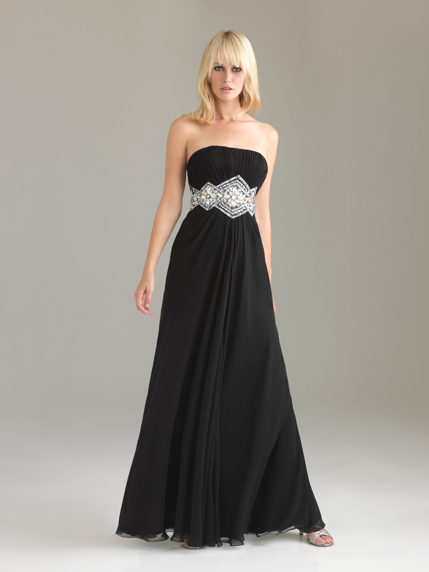 Black A Line Strapless Floor Length Chiffon Graduation Dresses With Beading Belt