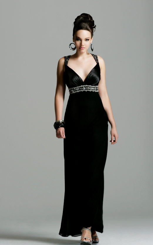 Black Column Deep V Neck Open Back Ankle Length Chiffon Evening Dresses With Beading And Lace 