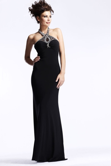 Graceful Black Column Halter Open Back Full Length Evening Dresses With Beading 