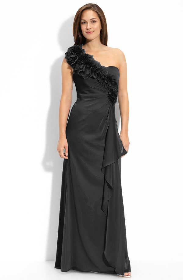 Black Column One Shoulder Floor Length Chiffon Prom Dresses With Rosette And Ruffles 