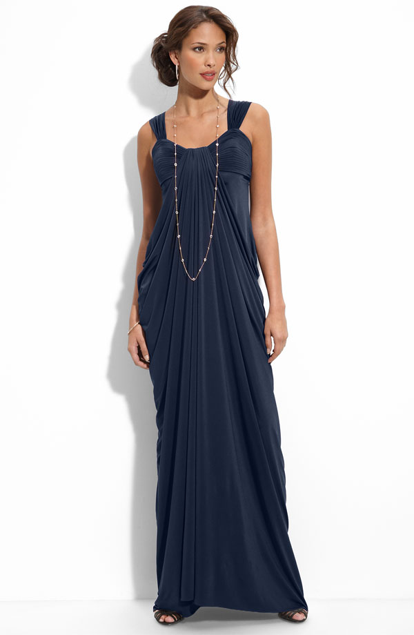 Dark Navy Column Strap And Sweetheart Zipper Draped Ankle Length Prom Dresses