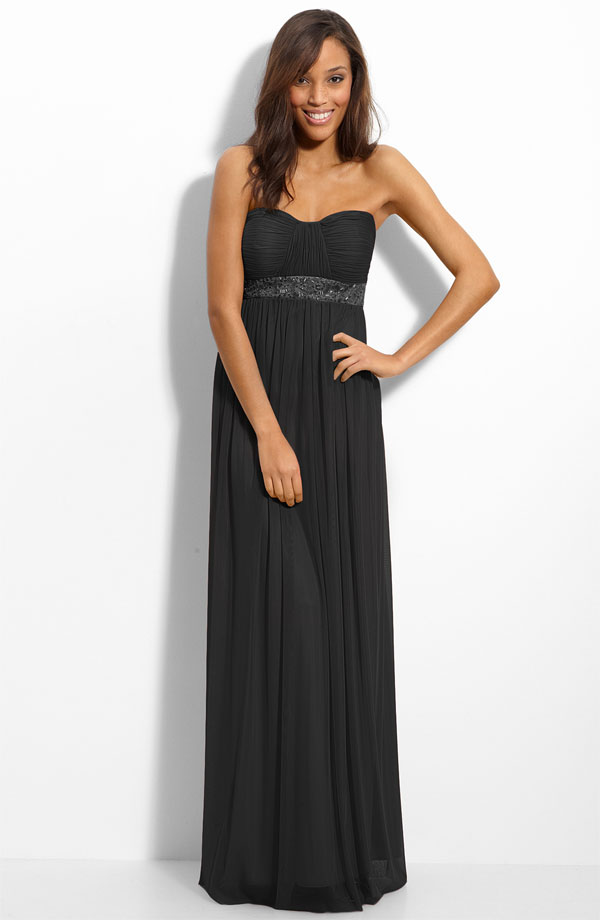 Black Column Strapless Sweetheart Zipper Floor Length Chiffon Prom Dresses With Sequined Waist