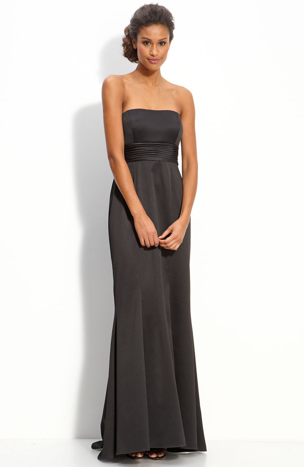 Black Column Strapless Floor Length Zipper Satin Bridesmaid Dresses ...