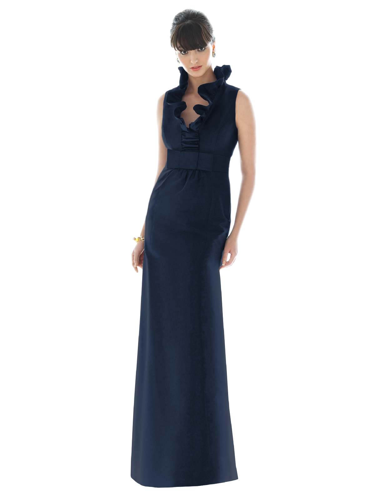 Dark Navy Column Flounced V Neck And Sleeveless Slit And Zipper Floor Length Prom Dresses