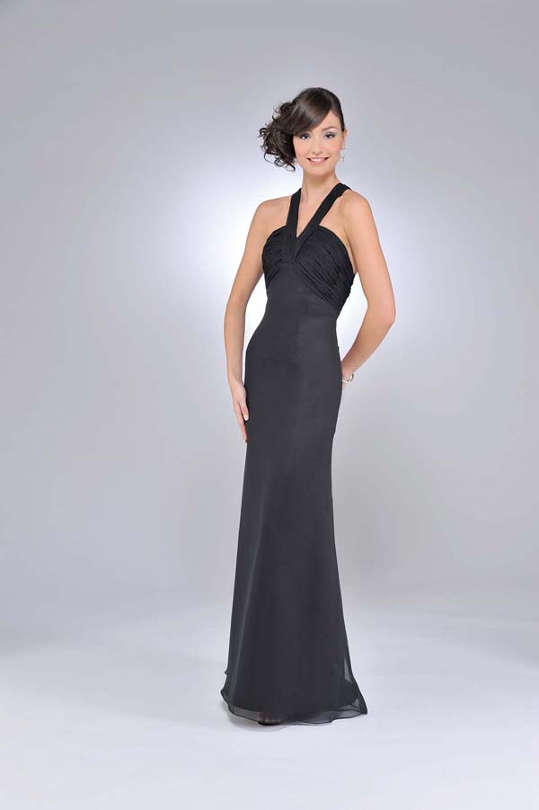 Column V Neck And Strap Cross Back Ruffles Floor Length Black Prom Dresses