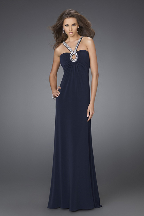 Dark Navy Column V Neck Open Back Sweep Train Sequined Floor Length Evening Dresses