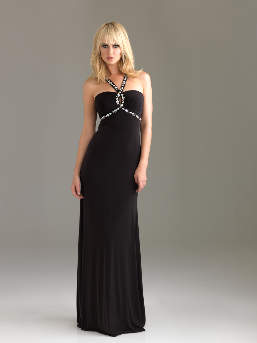 Black Empire Halter Open Back Sweep Train Beading Floor Length Chiffon Evening Dresses