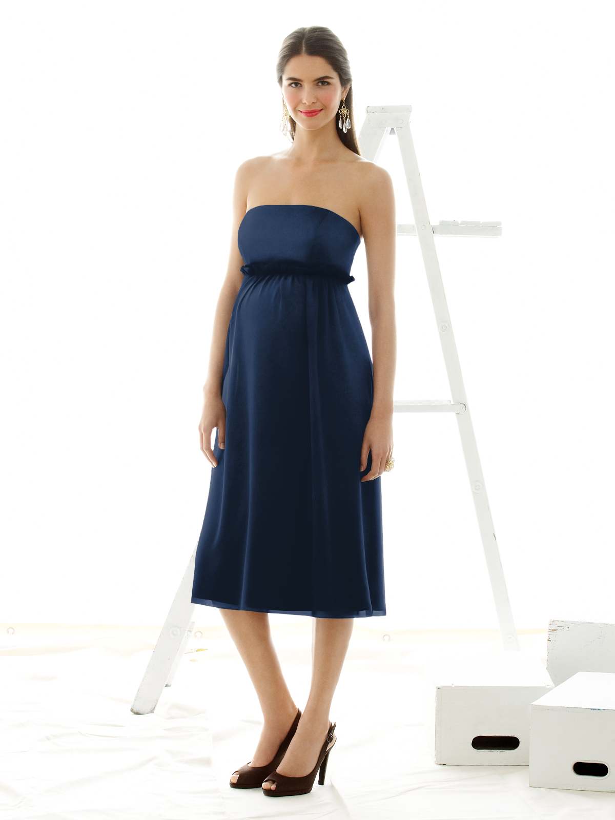 Navy Empire Strapless Zipper Tea Length Chiffon Prom Dresses With Sash