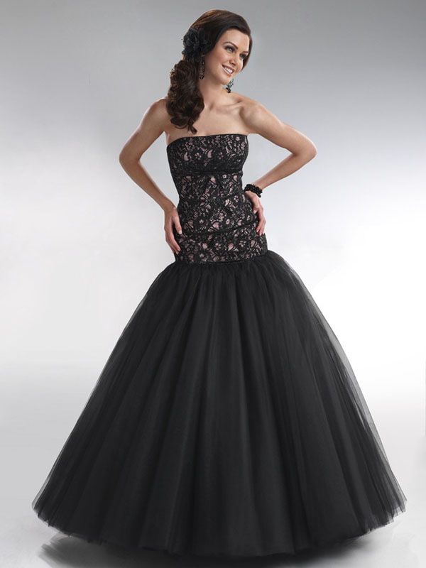 Black Mermaid Strapless Zipper Floor Length Lace And Organza Prom Dresses