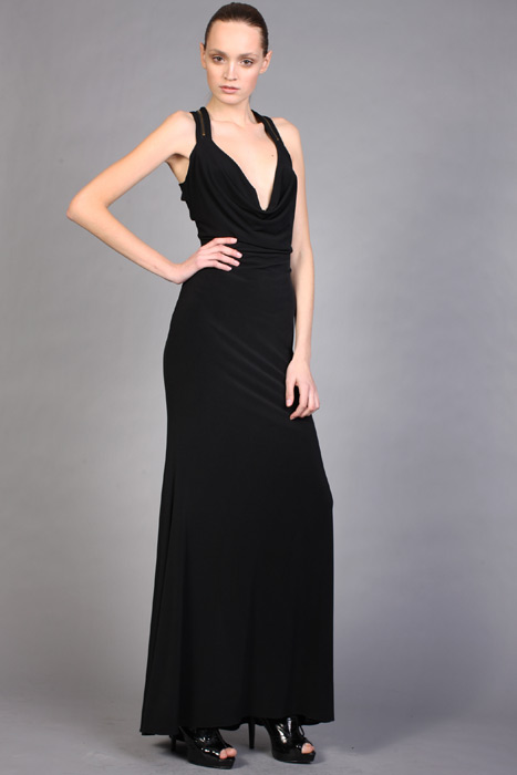 Black Sheath Column Halter V Neck Floor Length Chiffon Evening Dresses With Ruffles 