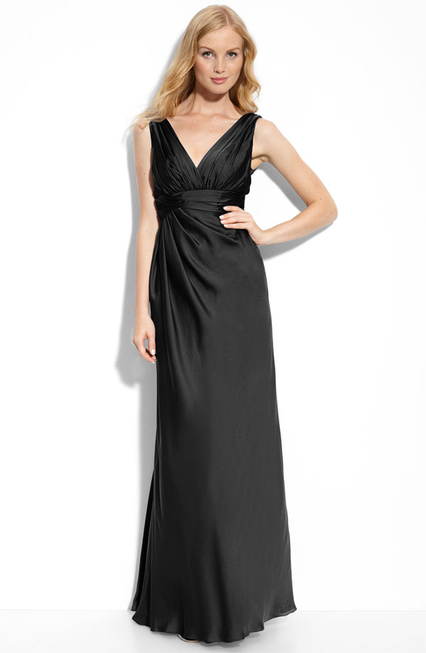 Black Sheath V Neck Full Length Zipper Ruched Bridesmaid Dresses