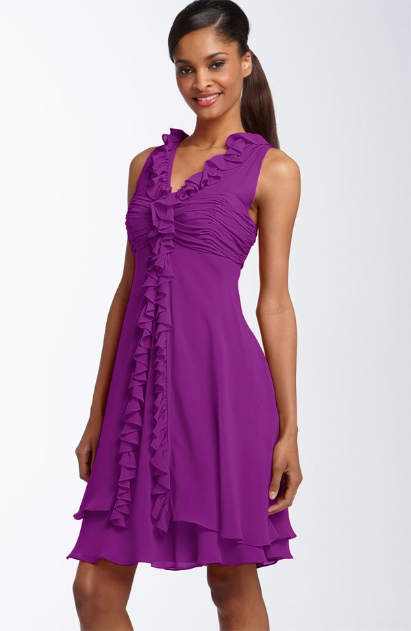 Purple Sheath Column V Neck Knee Length Zipper Flounced Chiffon Bridesmaid Dresses