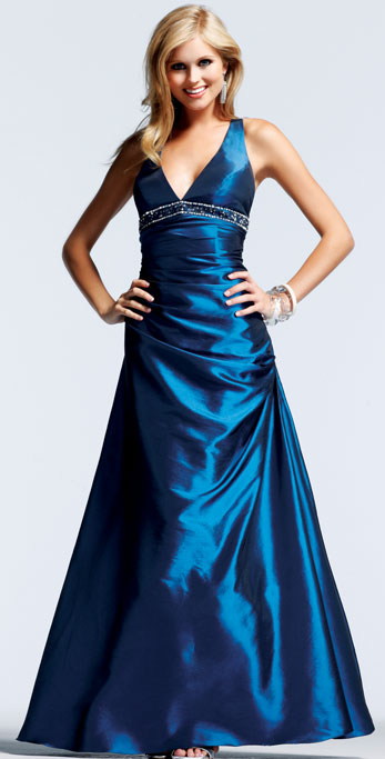 Dark Blue A Line Deep V Neck Corss Back Beading Floor Length Evening Dresses With Beading 