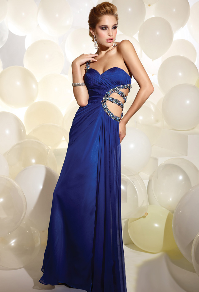 Royal Blue A Line One Shoulder Open Back Full Length Evening Dresses With Crystals And Side Hollow 