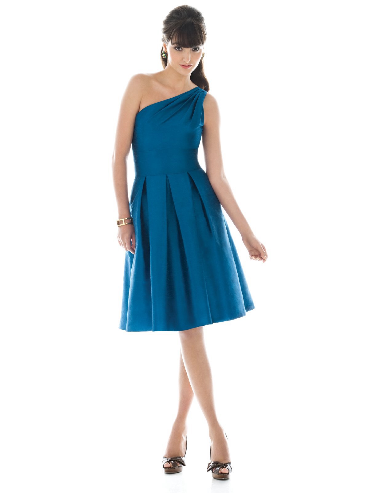 A Line One Shoulder Zipper Knee Length Blue Satin Prom Dresses With Draped Skirt 