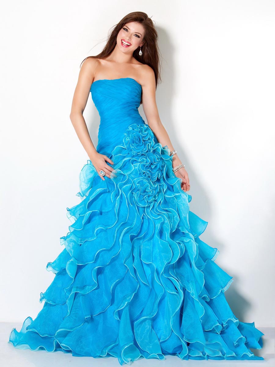 Best Selling Turquoise A Line Strapless Full Length Zipper Ruffled Prom Dresses