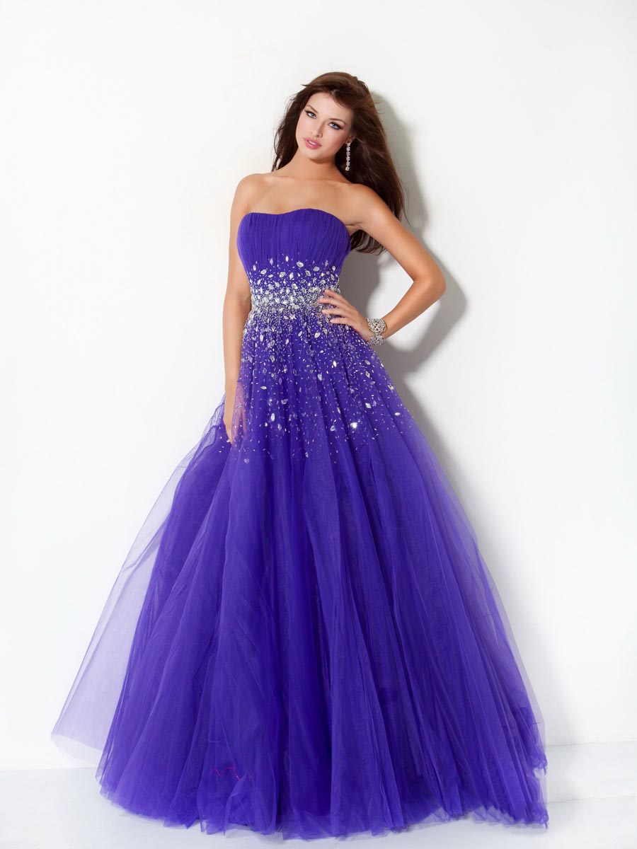Blue A Line Strapless Floor Length Zipper Tulle Prom Dresses With Sequins