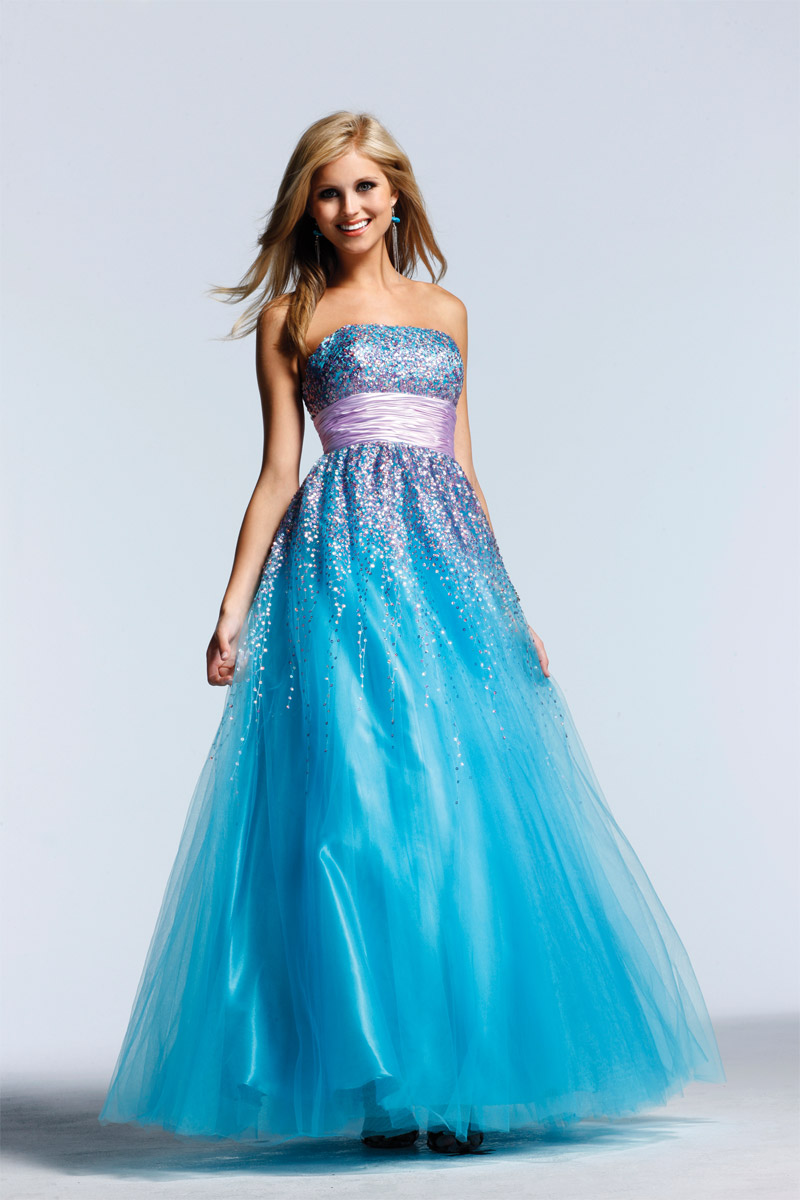 Blue A Line Strapless Zipper Sequined Floor Length Tulle Evening Dresses With Lilac Sash