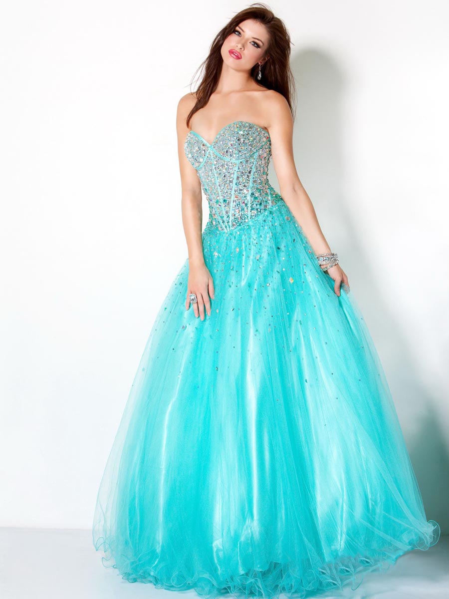 Turquoise A Line Sweetheart Floor Length Zipper Sequined And Beaded Tulle Prom Dresses