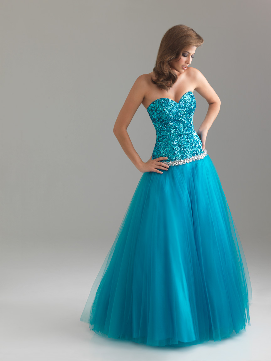 Blue A Line Sweetheart Full Length Zipper Prom Dresses With Sequins And Tulle 