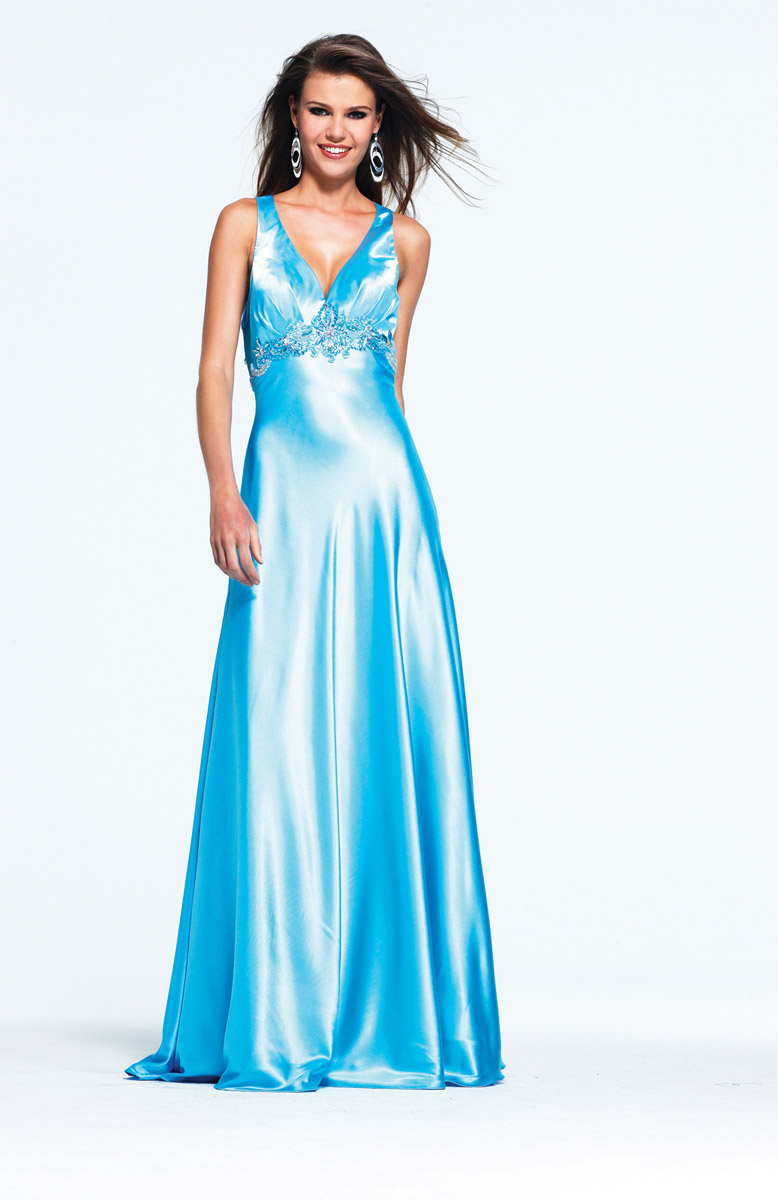 Blue A Line V Neck And Strap Backless Beading Embroidered Floor Length Evening Dresses