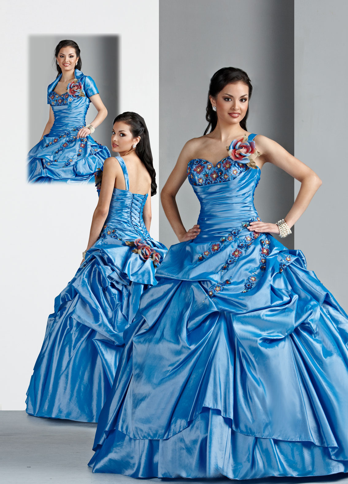 Blue Ball Gown One Shoulder Lace Up Floor Length Ruffled Taffeta Quinceanera Dresses With Flowers