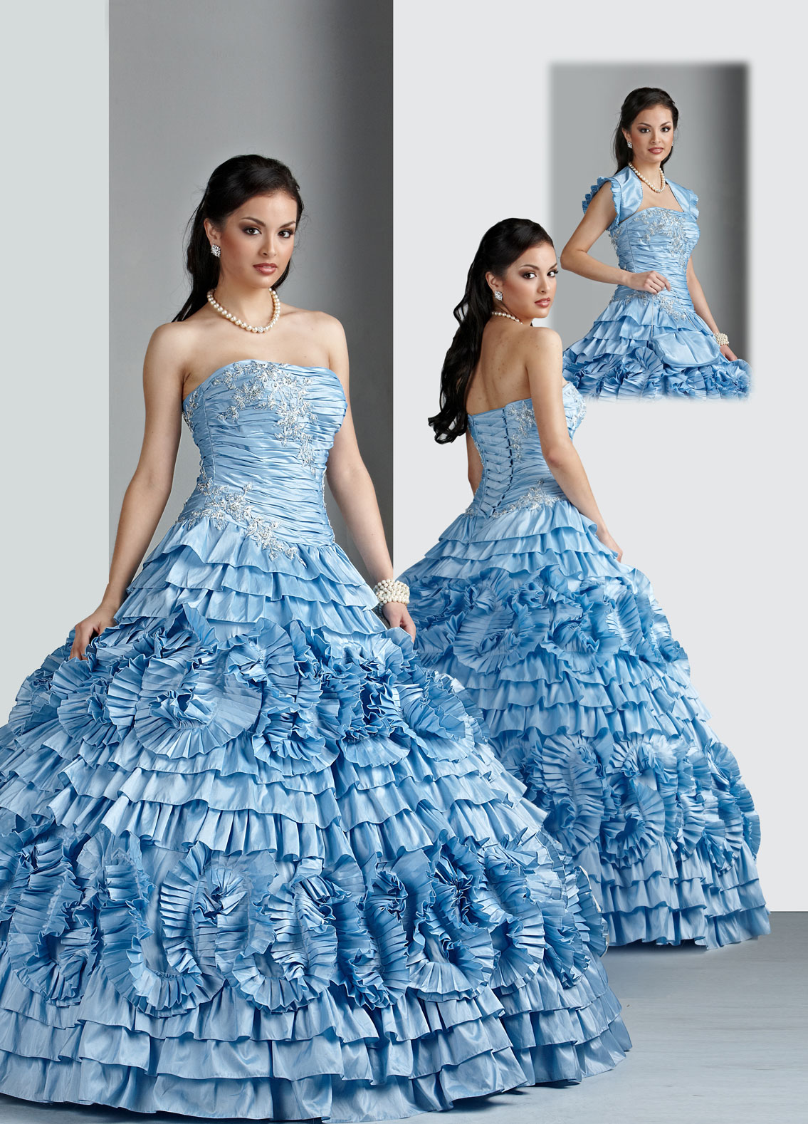 Blue Ball Gown Strapless Lace Up Floor Length Ruffled Quinceanera Dresses With Appliques