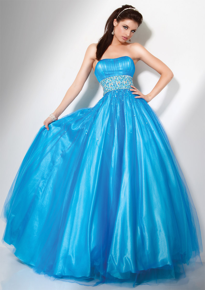 Blue Ball Gown Strapless Floor Length Zipper Prom Dresses With Sequined Waist