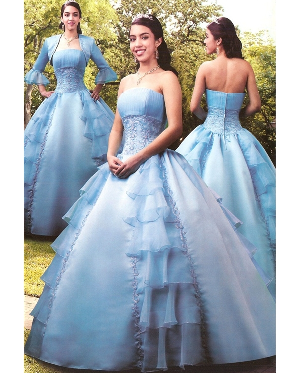 Light Blue Ball Gown Strapless Zipper Floor Length Embroidered Quinceanera Dresses