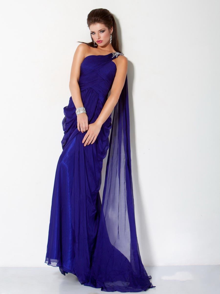 Deep Royal Blue Column One Shoulder Floor Length Zipper Sweep Train Ruffled Evening Dresses