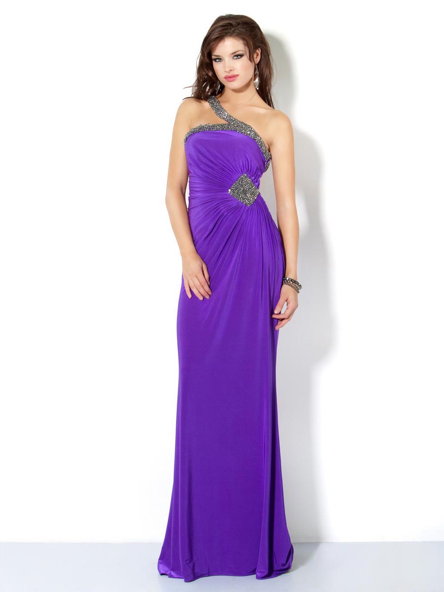 Purple Column One Shoulder Floor Length Zipper Sweep Train Beaded Evening Dresses
