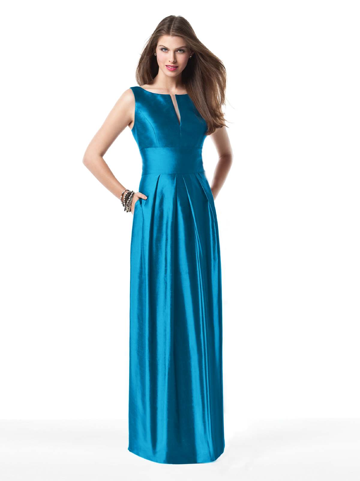 Blue Column Sleeveless And V Neck Low Back Draped Floor Length Satin Prom Dresses