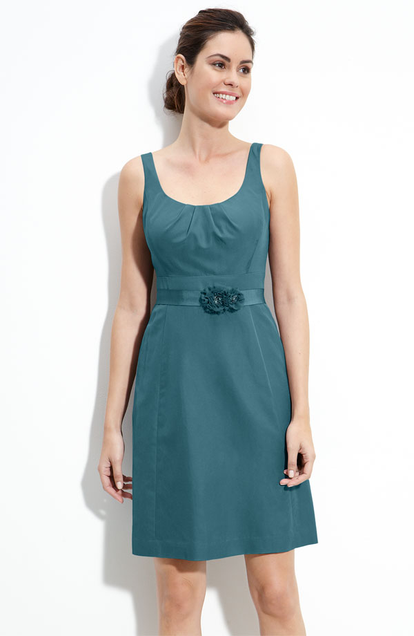 Teal Column Square Neckline And Strap Knee Length Prom Dresses With Sash