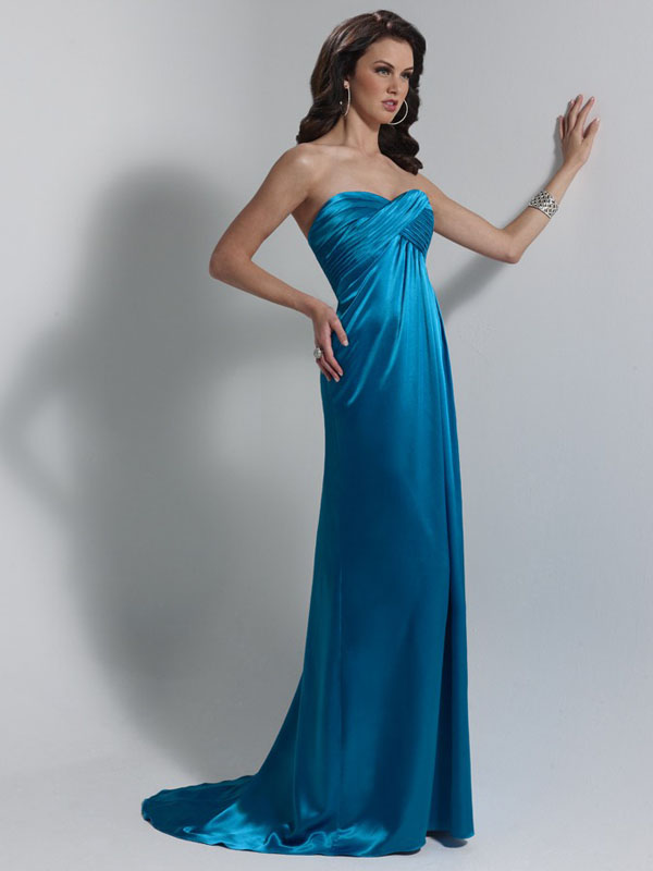 Teal Column Strapless Sweetheart Zipper Sweep Train Floor Length Pleated Evening Dresses