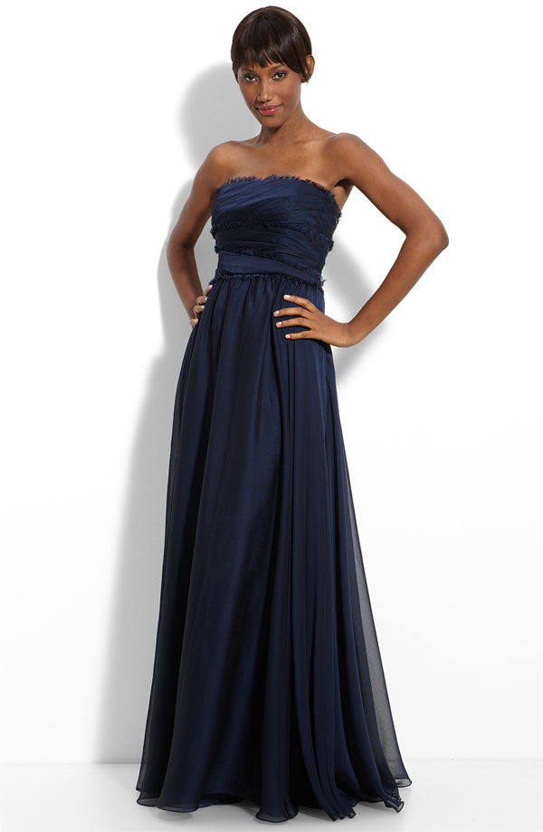 Navy Blue Column Strapless Zipper Floor Length Pleated Bridesmaid Dresses