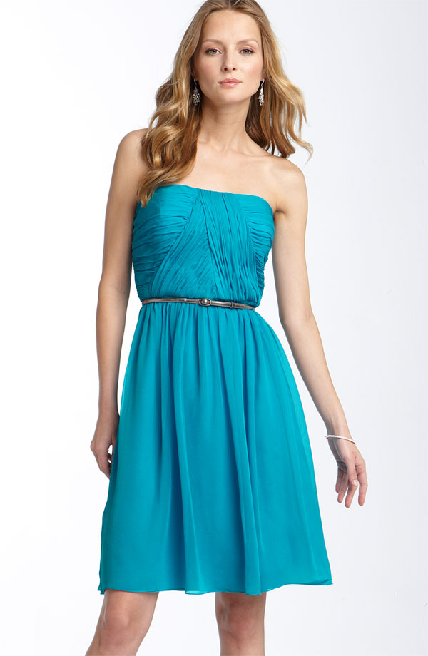 Turquoise Column Strapless Knee Length Zipper Ruched Chiffon Bridesmaid Dresses