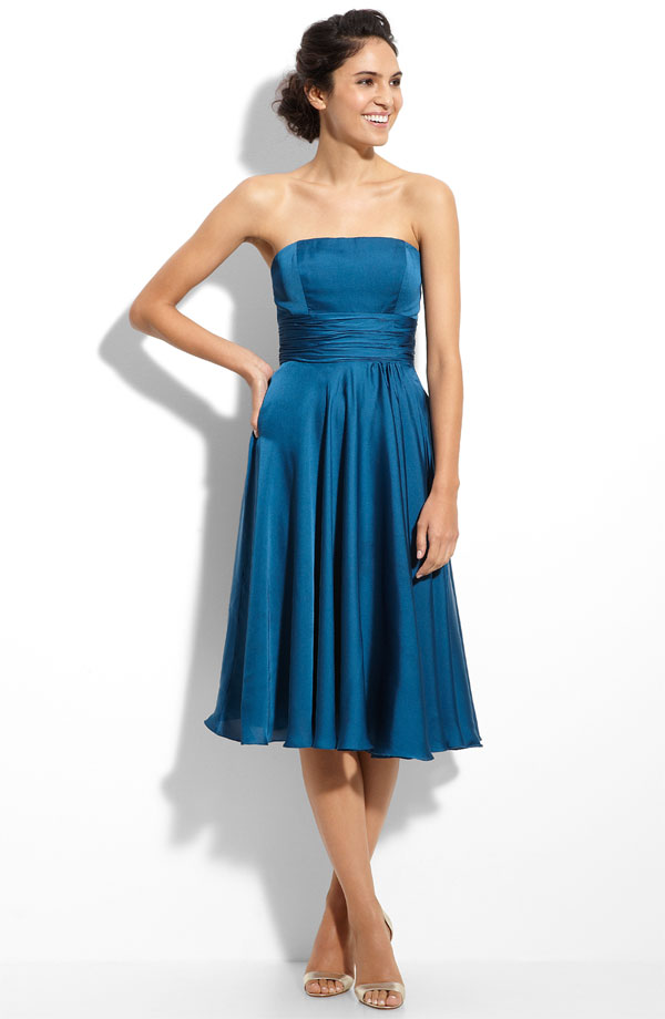 Blue Column Strapless Tea Length Zipper Pleated Satin Bridesmaid Dresses