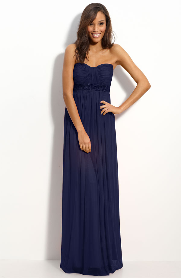 Navy Blue Column Strapless Sweetheart Full Length Zipper Pleated Chiffon Bridesmaid Dresses