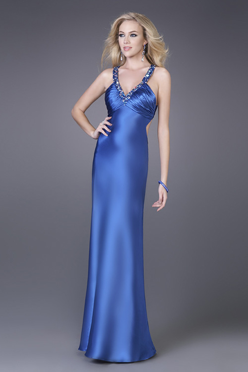 Royal Blue Column Beading V Neck Cross Back Floor Length Evening Dresses