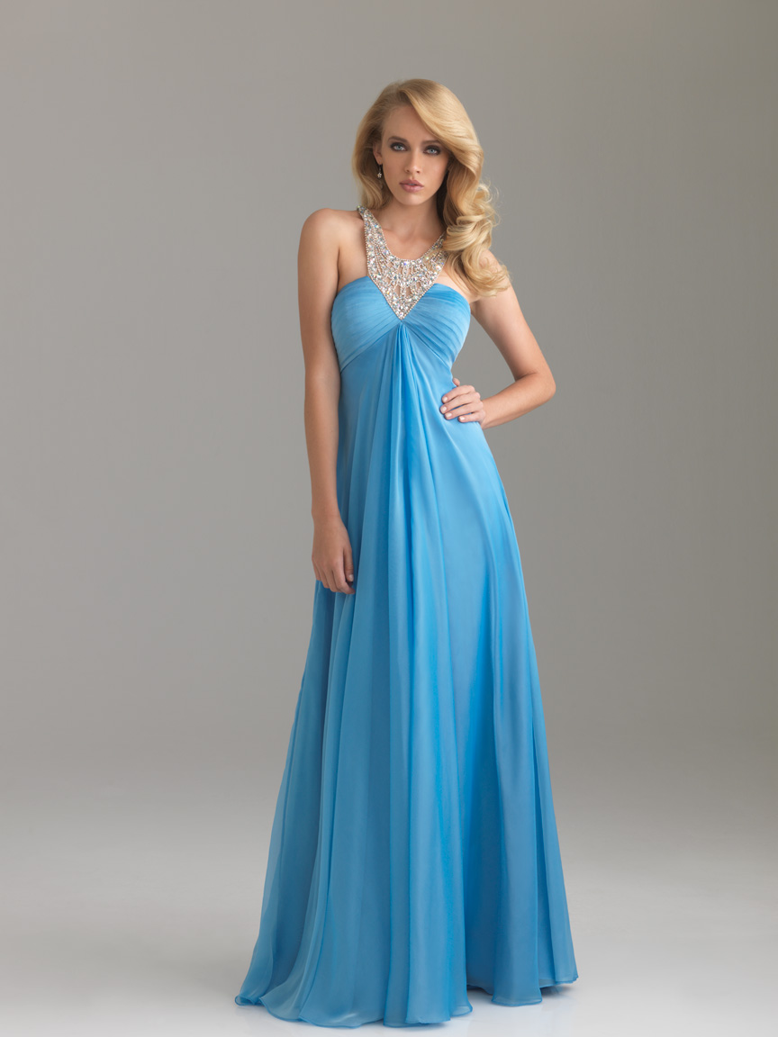 Light Blue Empire Halter Cross Back Sweep Train Floor Length Chiffon Evening Dresses With Beading 