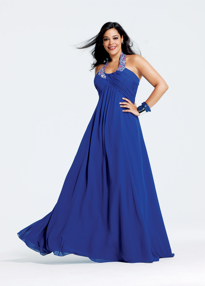 Royal Blue Empire Halter Floor Length Chiffon Evening Dresses With Jewel And Pleats