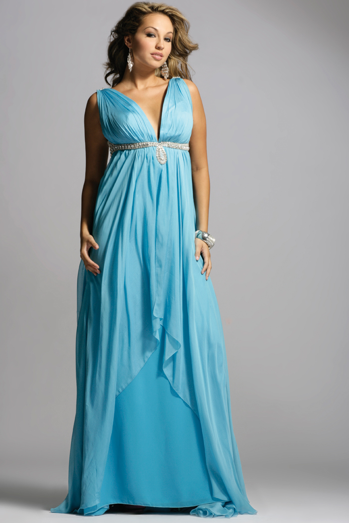 Blue Empire V Neck Backless Sweep Train Beading Ruches Floor Length Evening Dresses