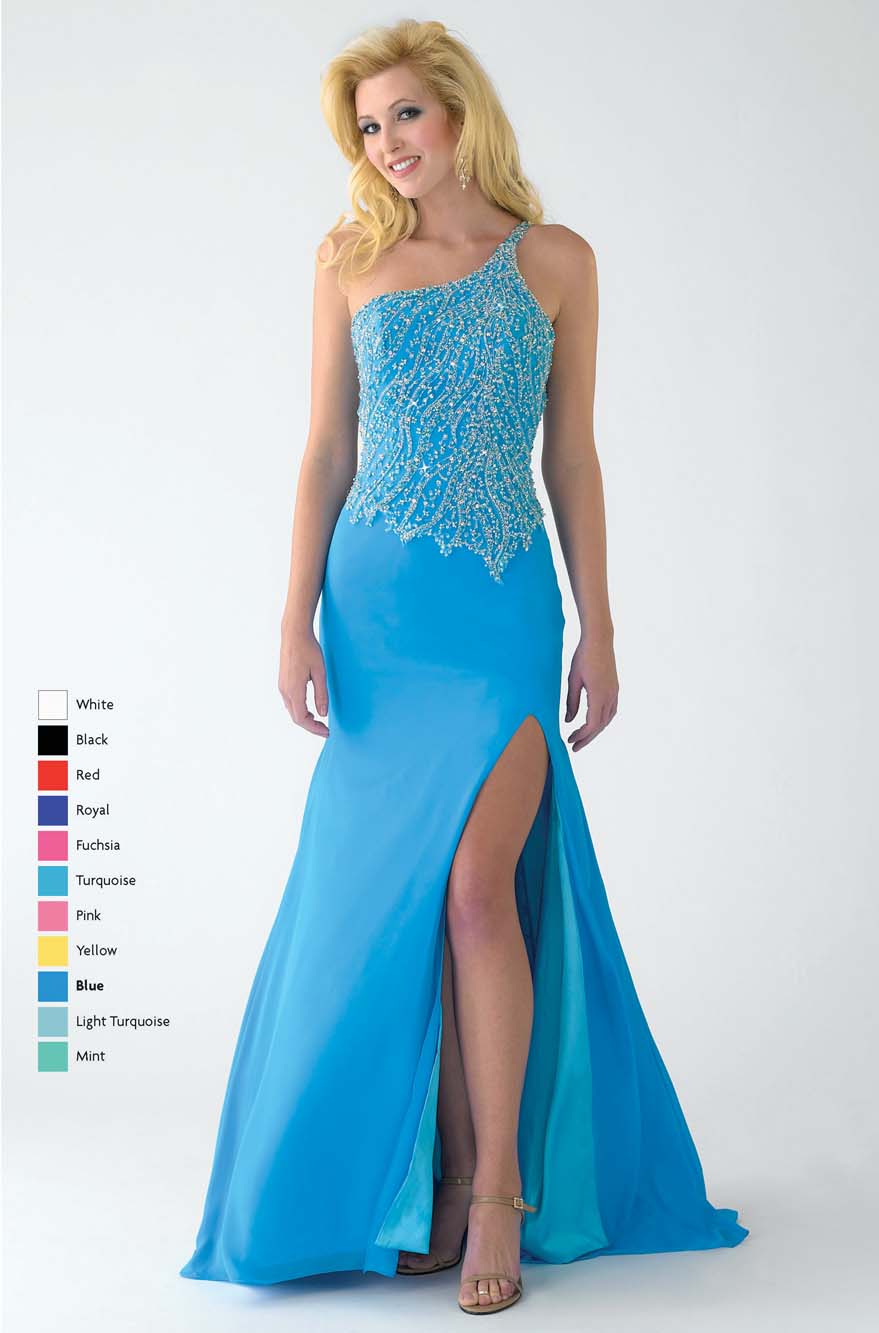 Blue Mermaid One Shoulder And Asymmetrical Low Back Sweep Train Floor Length Chiffon Prom Dresses With Beading And High Slit 