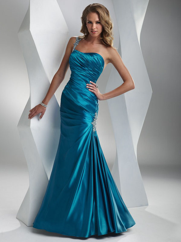 Teal One Shoulder Zipper Full Length Mermaid Evening Dresses With Beading And Drapes