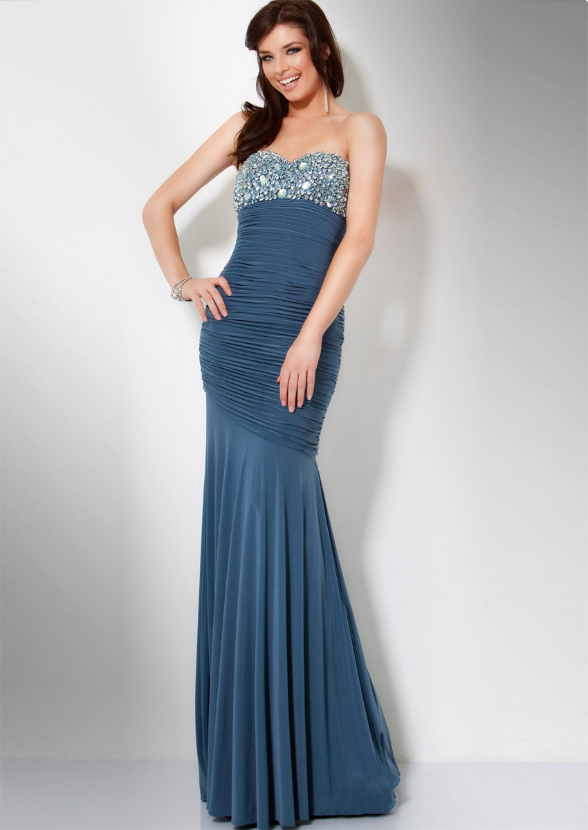 Navy Blue Mermaid Strapless Sweetheart Low Back Beading Ruches Floor Length Evening Dresses