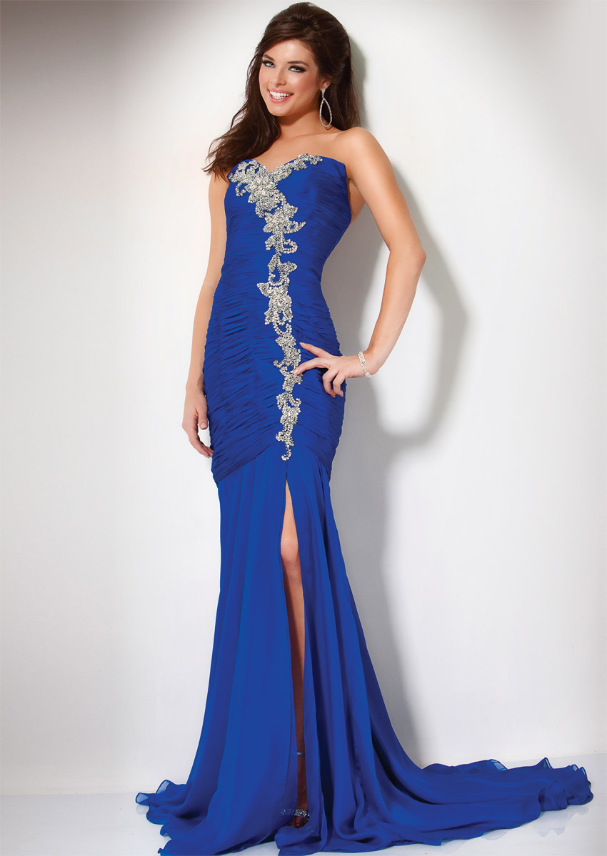 Royal Blue Mermaid Strapless Sweetheart Sweep Train Appliques Pleats Floor Length Evening Dresses With Side Slit