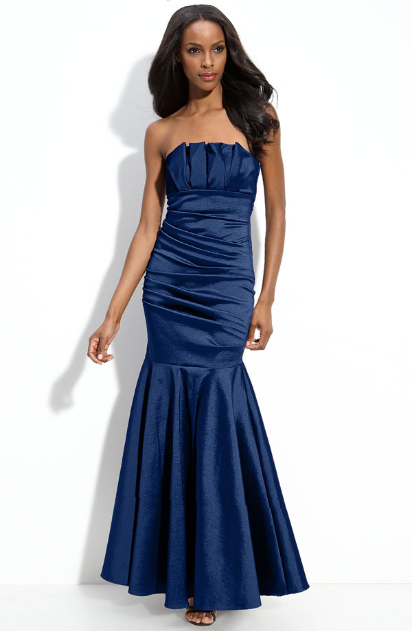 Marine Blue Mermaid Strapless Ankle Length Zipper Ruffled Chiffon Bridesmaid Dresses